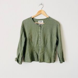 Flax SMALL 100% linen green button up 3/4 sleeve blouse